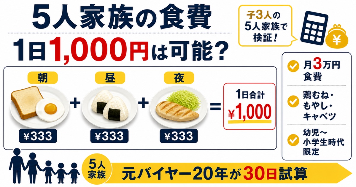 5人家族の食費1日1000円可能か検証・朝¥333+昼¥333+夜¥333=1日¥1000・元バイヤー20年の30日試算インフォグラフィック
