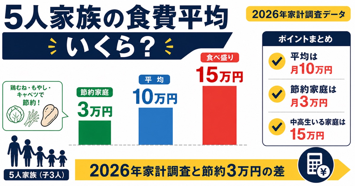 5人家族の食費平均比較棒グラフ・節約家庭3万円vs平均10万円vs食べ盛り15万円・2026年家計調査データ