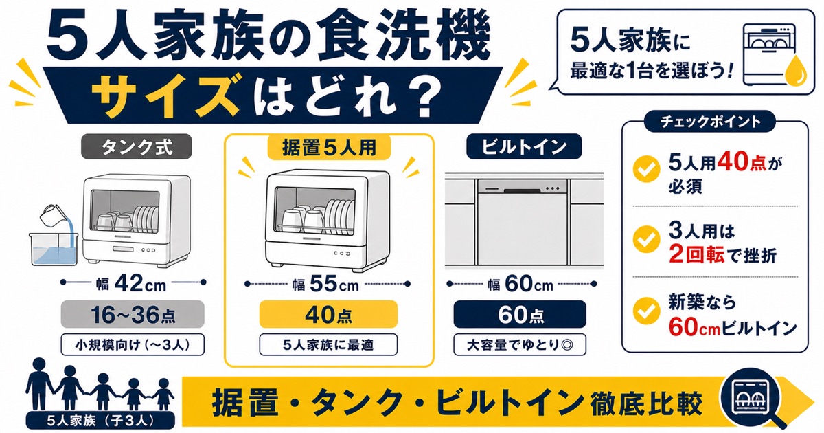 5人家族の食洗機サイズ比較・タンク式42cm/据置5人用55cm/ビルトイン60cm・5人用40点が必須・新築なら60cmビルトイン推奨
