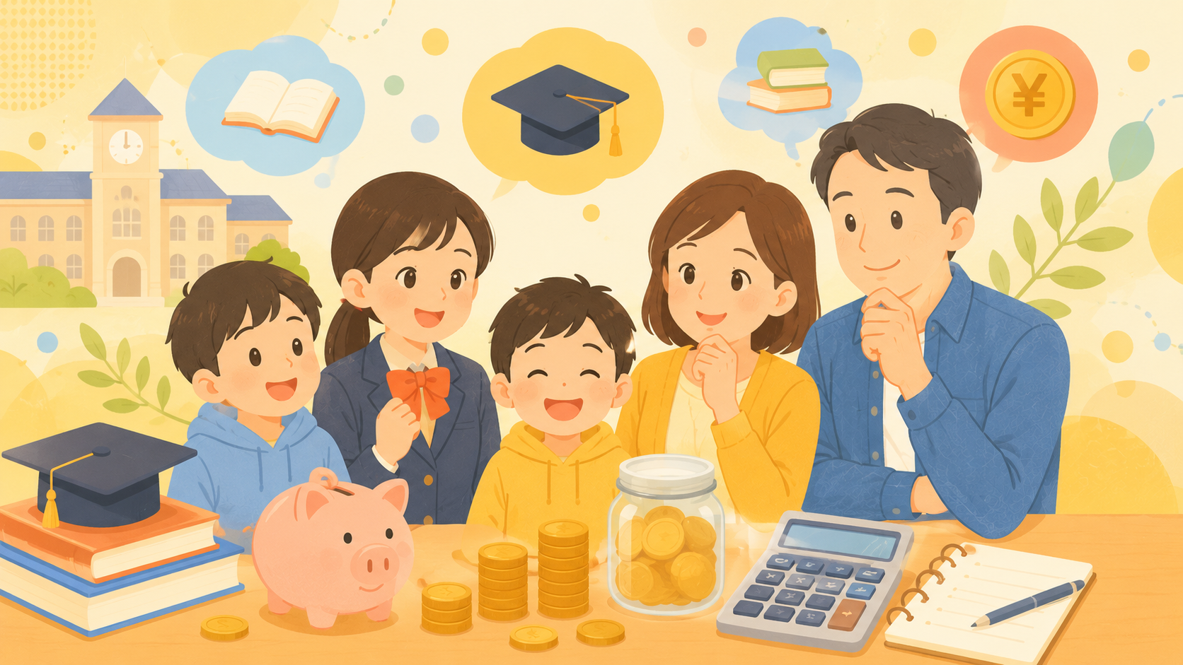 大学無償化と教育費を考える5人家族（3きょうだい）のイラスト