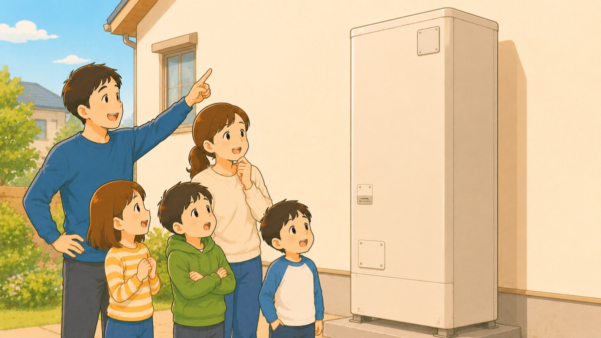一軒家の屋外に設置されたエコキュートの給湯タンク