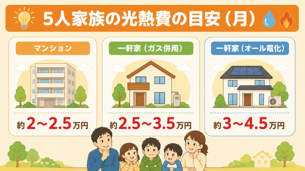 5人家族の光熱費の目安（マンション・一軒家ガス併用・オール電化）の図解