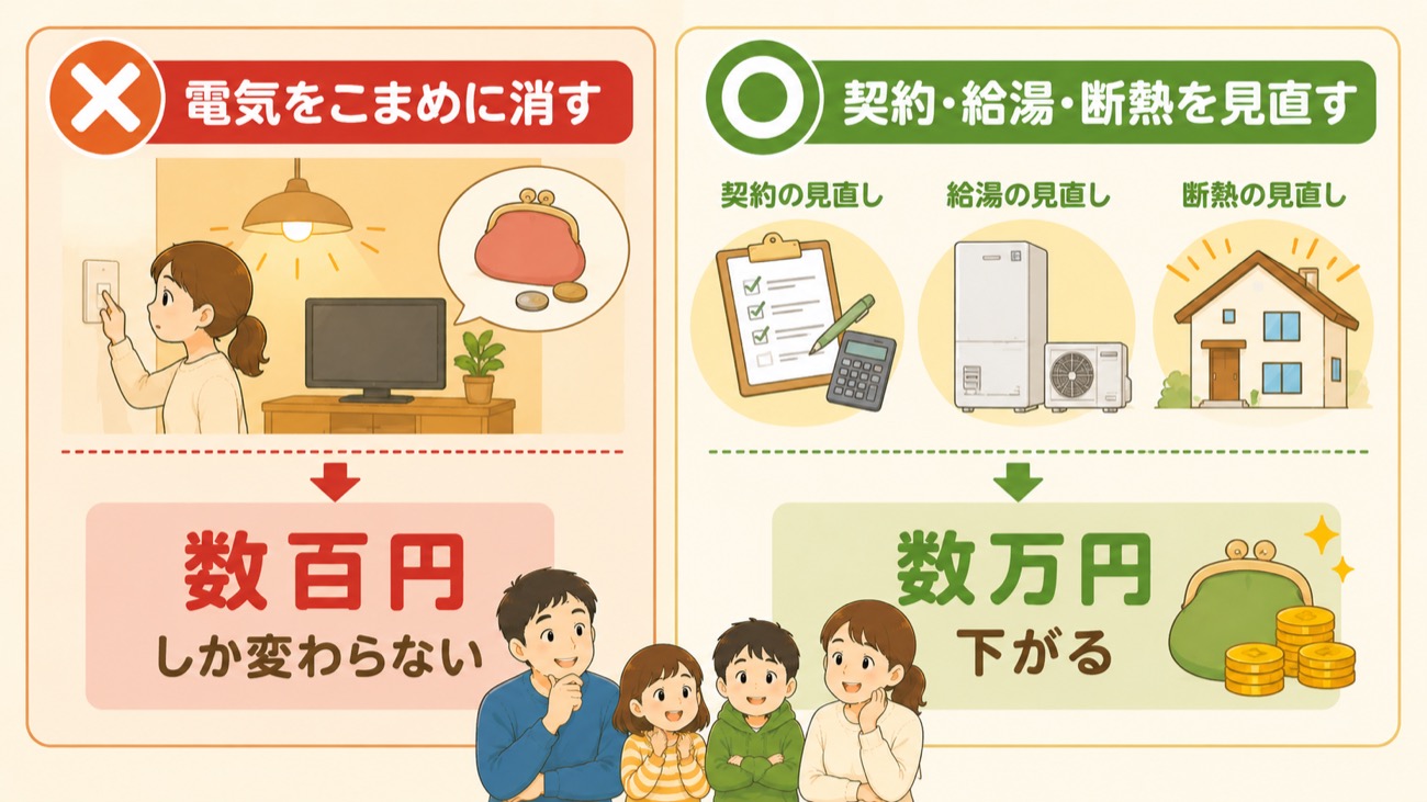 こまめ節電は数百円、契約・給湯・断熱の見直しは数万円という比較の図解