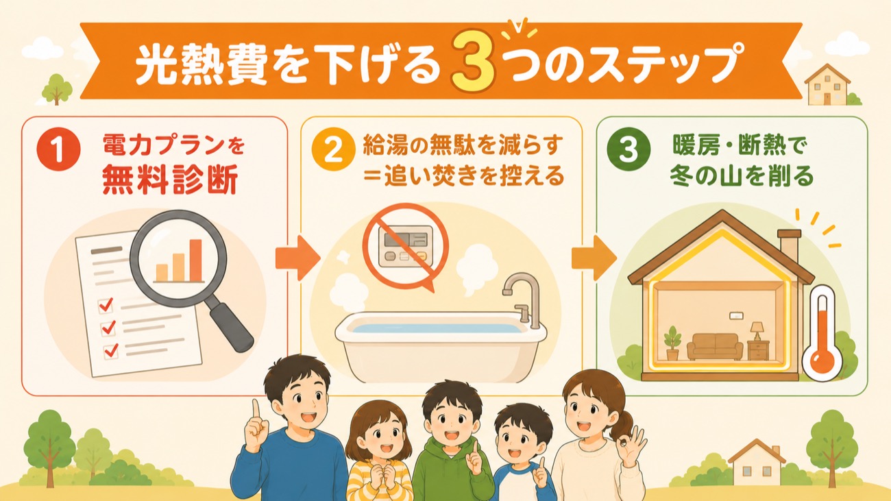 光熱費を下げる3ステップ（無料診断・給湯・断熱）の図解