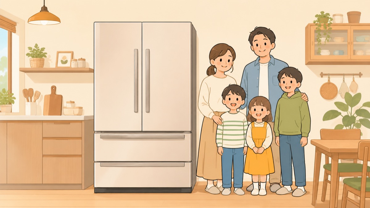 5人家族と大型冷蔵庫のイラスト
