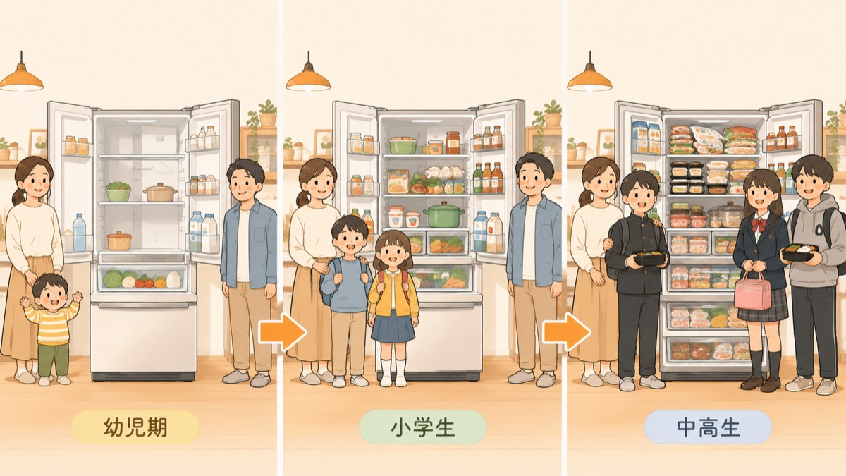 子供の成長で冷蔵庫の中身が増えていく様子