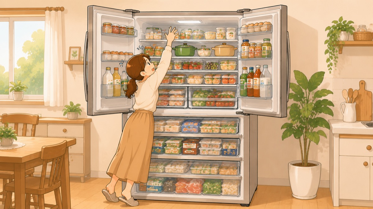 冷凍室まで食品でいっぱいの大型冷蔵庫と最上段に手を伸ばす様子