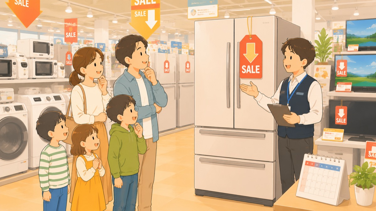 家電量販店で冷蔵庫を値引き交渉するイメージ