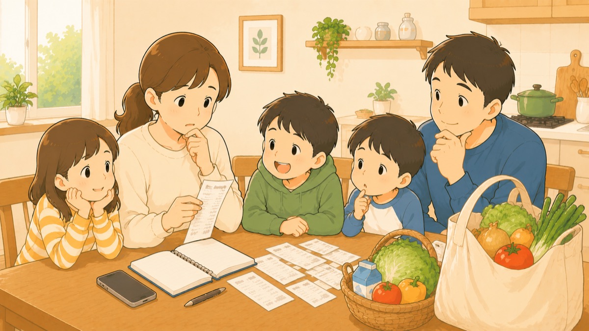 5人家族の食費を家計簿で確認する親と3人の子供のイラスト