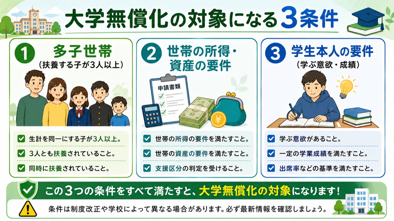 大学無償化の対象になる3条件の図解