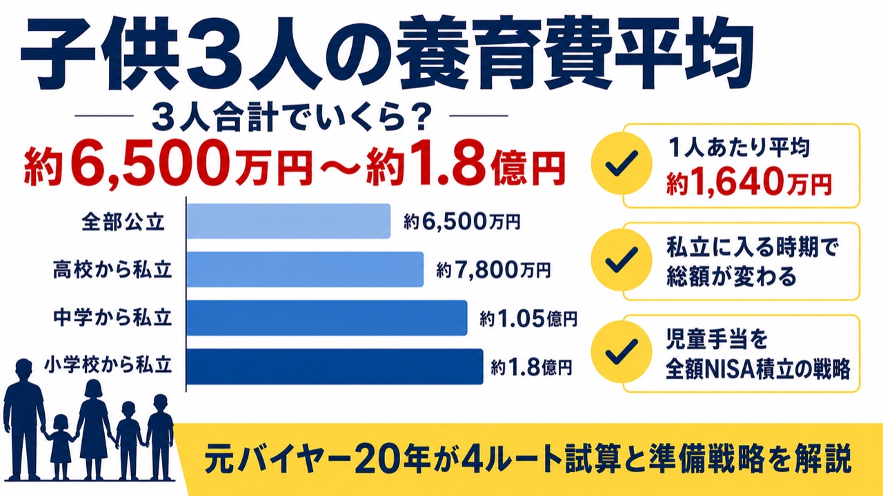 子供3人の養育費平均の図解。3人合計で約6,500万円から約1.8億円。全部公立6,500万円、高校から私立7,800万円、中学から私立1.05億円、小学校から私立1.8億円
