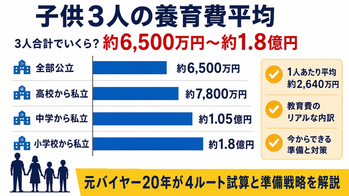 子供3人の養育費平均の図解。1人あたり平均約2,640万円、3人合計で約6,500万円から約1.8億円