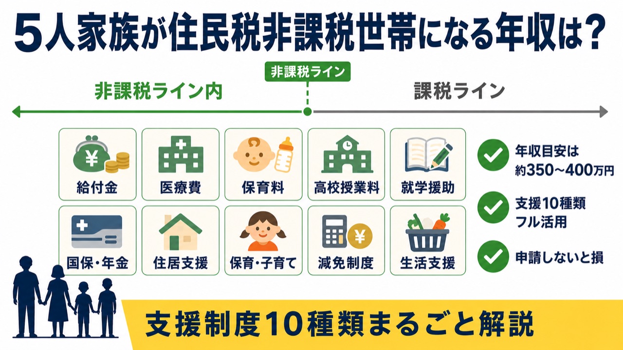 5人家族が住民税非課税世帯になる年収の図解。年収目安は約350〜400万円。給付金や医療費など支援制度10種類