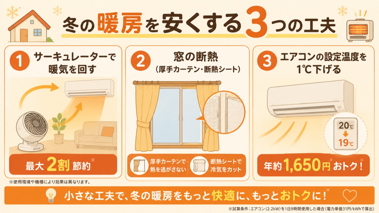 冬の暖房を安くする3つの工夫(サーキュレーター・窓の断熱・設定温度1℃)の図解