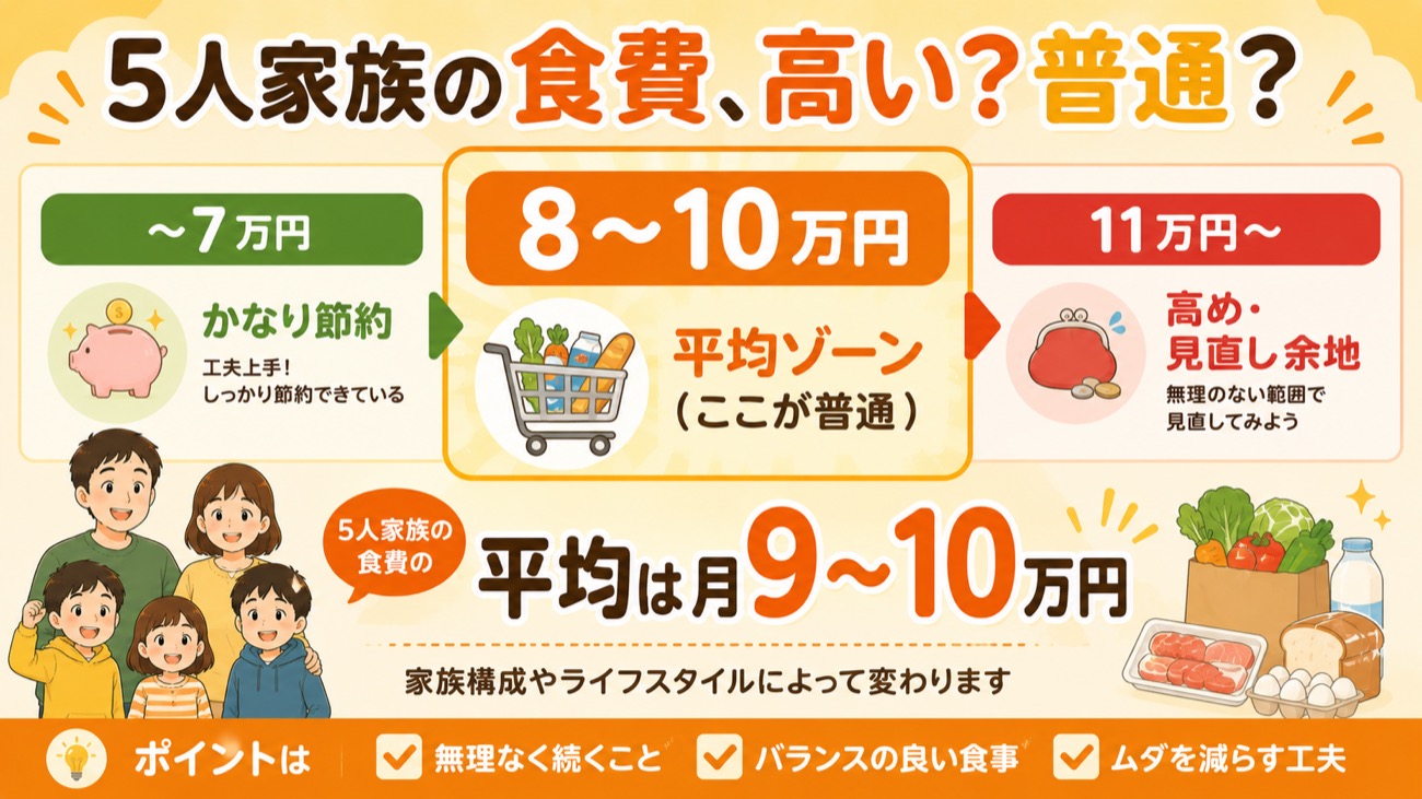 5人家族の食費は高い？普通？7万・8〜10万（平均）・11万〜の判定図