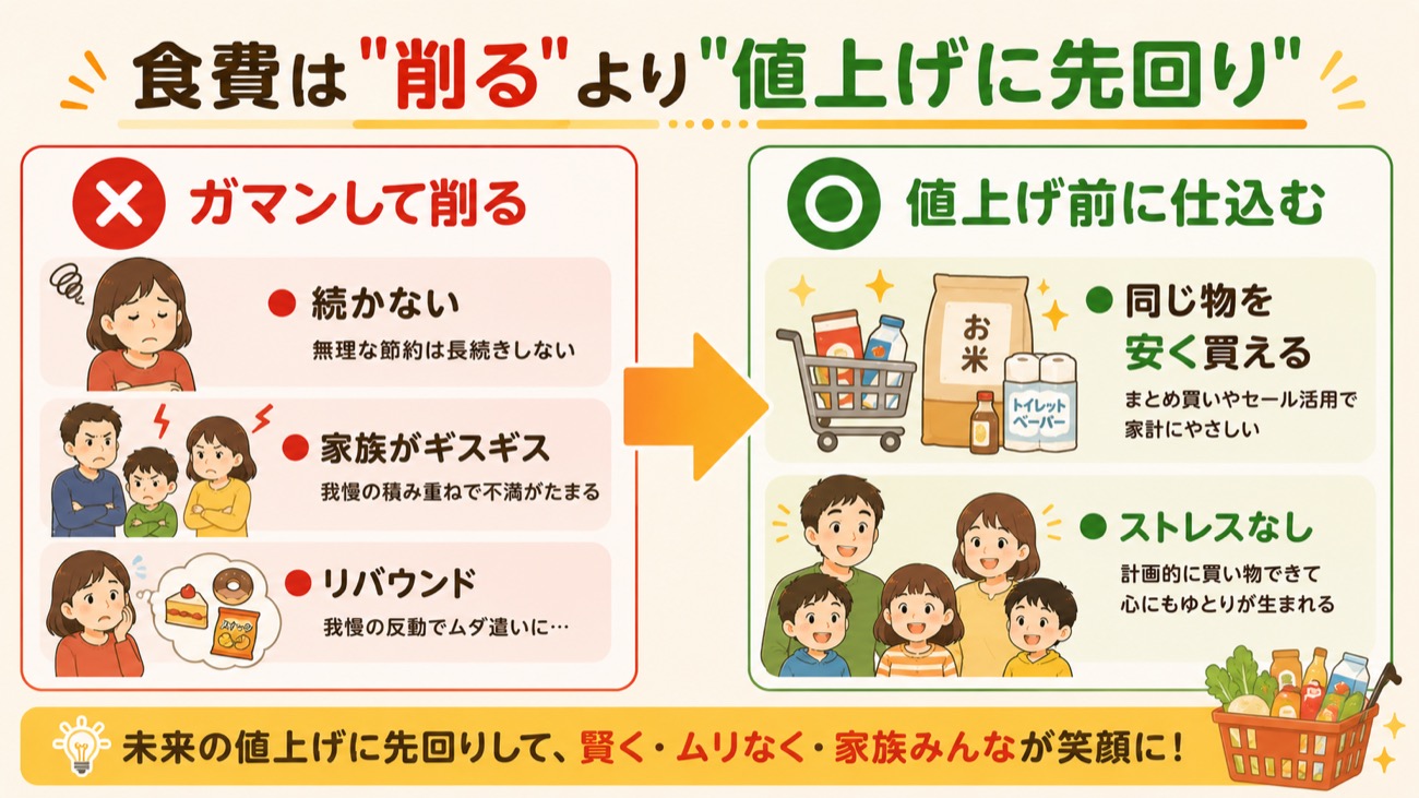 食費は「削る」より「値上げに先回り」する対比図