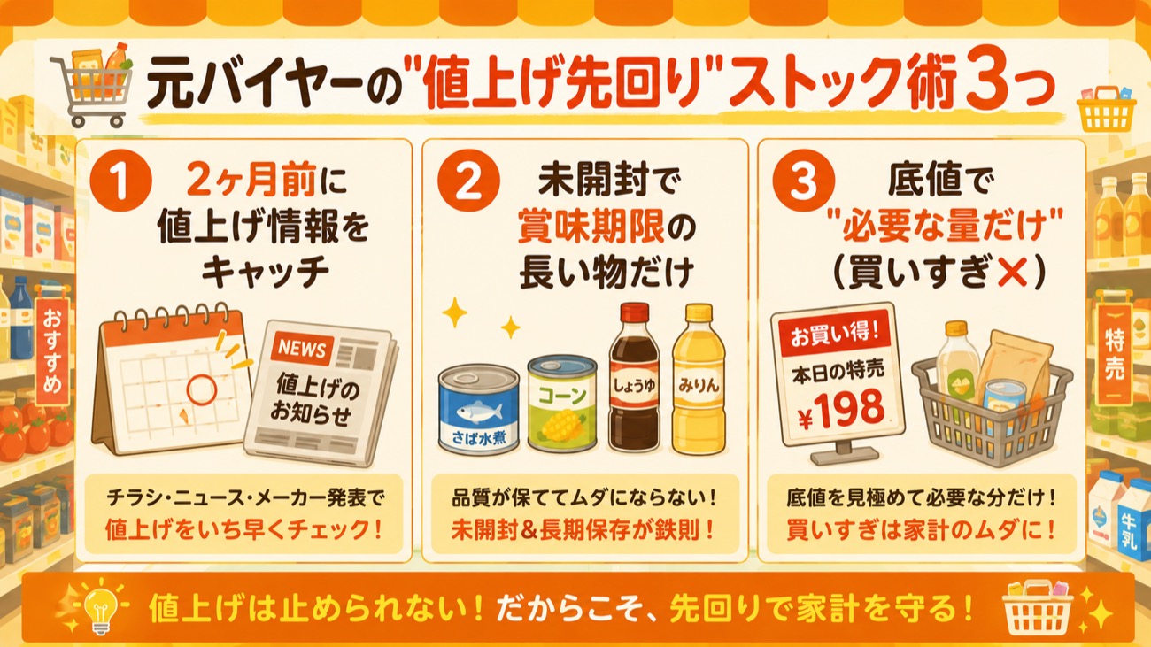 元バイヤーの値上げ先回りストック術3つの図解
