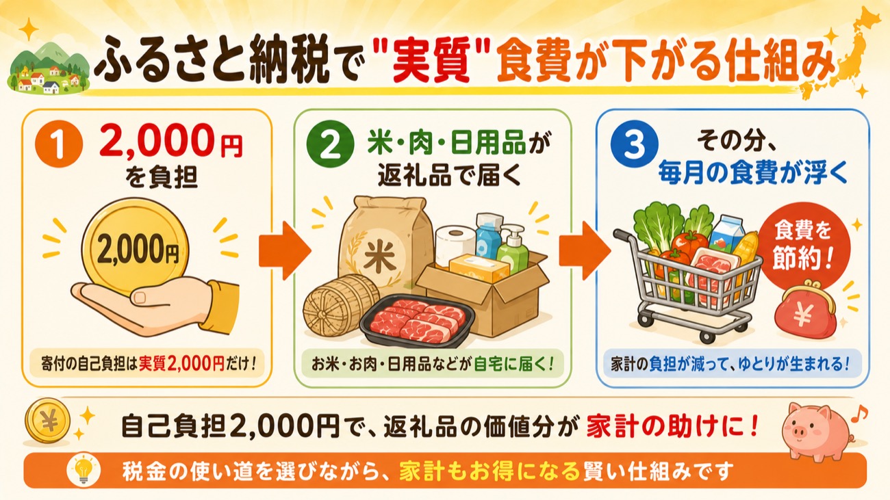 ふるさと納税で実質食費が下がる仕組みの図解
