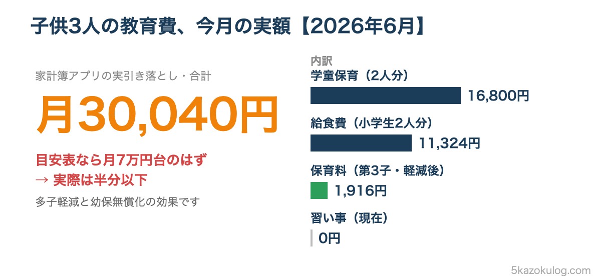 子供3人の教育費の実額は月30,040円。学童16,800円・給食11,324円・保育料1,916円の内訳図