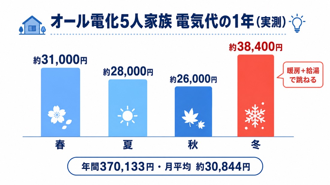 オール電化5人家族の電気代を季節別に示した棒グラフ。春約31,000円・夏約28,000円・秋約26,000円・冬は約38,400円で最も高い