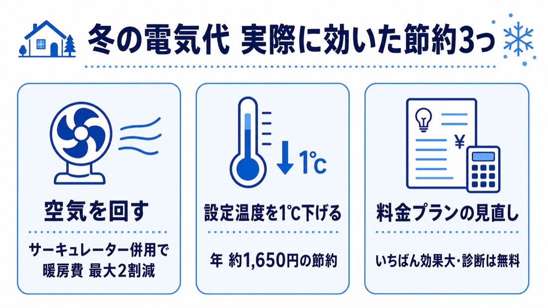 冬の電気代で実際に効いた節約3つの図解。空気を回す（サーキュレーター併用で暖房費最大2割減）・設定温度を1℃下げる（年約1,650円の節約）・料金プランの見直し（いちばん効果大）
