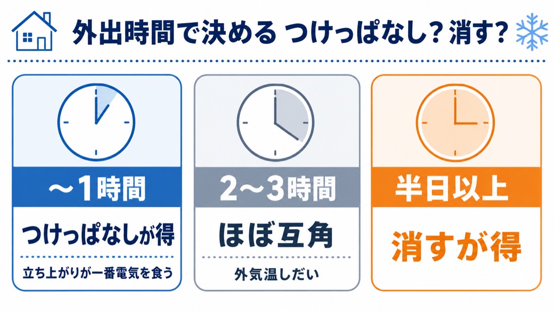 外出時間で決めるつけっぱなしか消すかの図解。1時間まではつけっぱなしが得、2〜3時間はほぼ互角、半日以上は消すが得